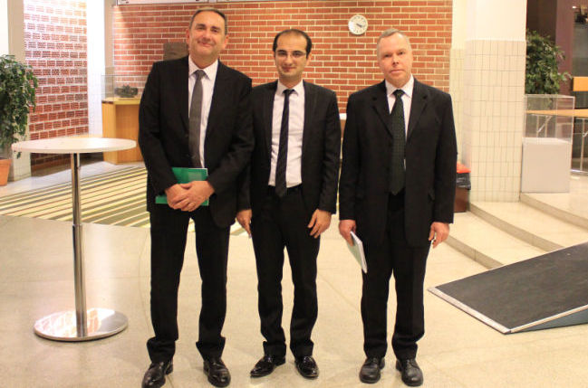 Younes with opponent and supervisor after defence. From left to right: <br /> Prof. Stefano Maci, Dr. Younes Ra'di, and Prof. Sergei Tretyakov, December 2015.
