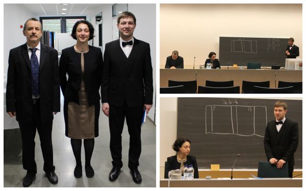 Pavel's public examination. Supervisor Prof. Simovski, Dr. Voroshilov and opponent Dr. Caglayan.