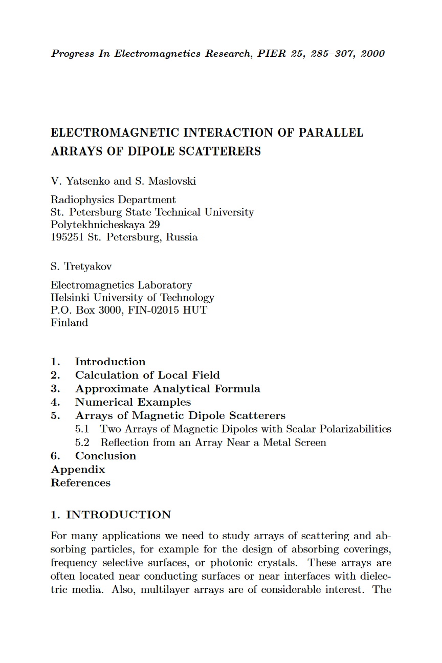 Electromagnetic interaction of parallel arrays of dipole scatterers