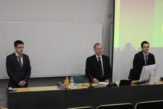 Public examination of Viktar's PhD thesis. From left to right: <br /> Dr. Viktar Asadchy, Profs. Sergei Tretyakov and Romain Fleury.